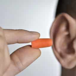Man inserting an orange foam earplug into his ear for hearing protection