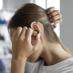 woman adjusting her hearing aid